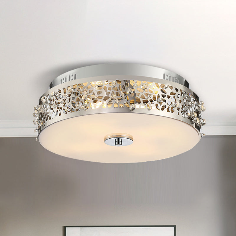 Metallic Drum Flush Lamp with Crystal Accents 4 Lights Contemporary Ceiling Flush Mount in Chrome