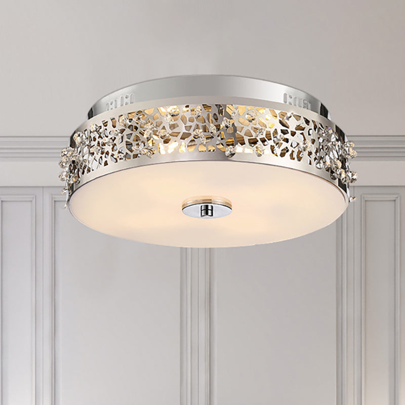 Metallic Drum Flush Lamp with Crystal Accents 4 Lights Contemporary Ceiling Flush Mount in Chrome