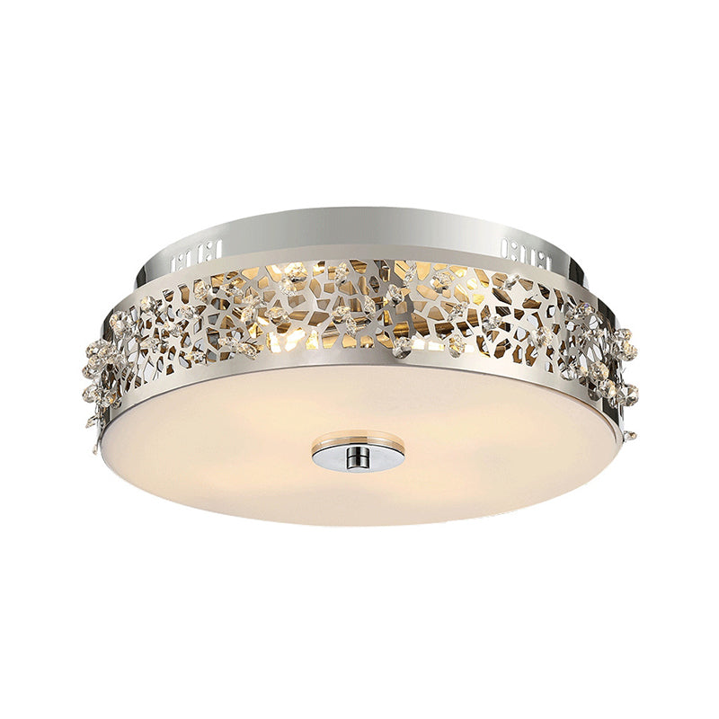 Metallic Drum Flush Lamp with Crystal Accents 4 Lights Contemporary Ceiling Flush Mount in Chrome