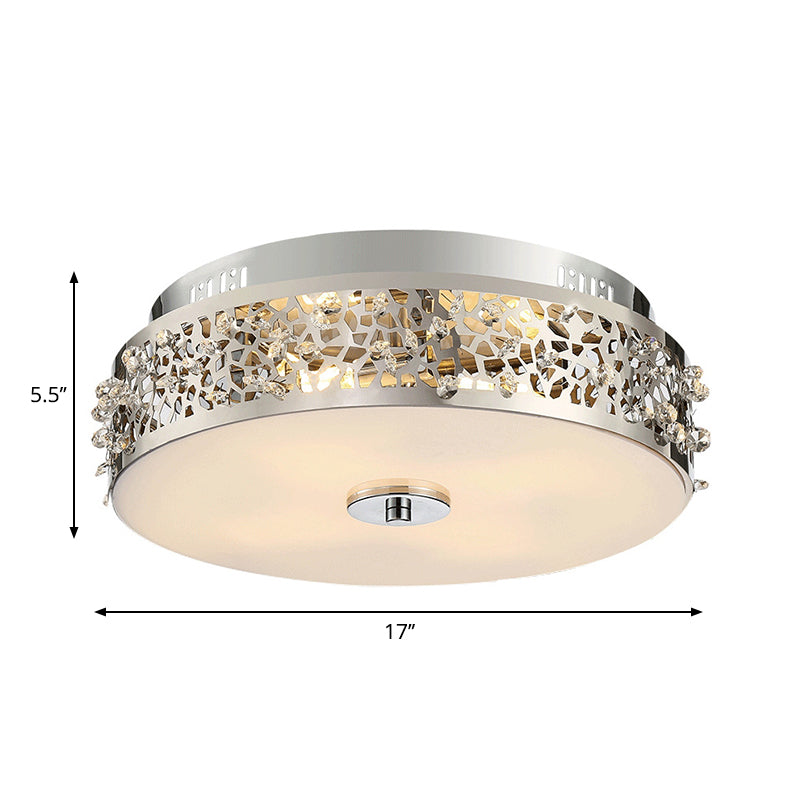 Metallic Drum Flush Lamp with Crystal Accents 4 Lights Contemporary Ceiling Flush Mount in Chrome