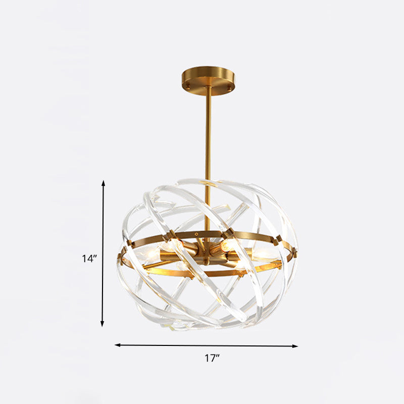 6 Heads Bedroom Chandelier Lamp Postmodern Gold Hanging Light with Orbit Curved Crystal Rod Shade