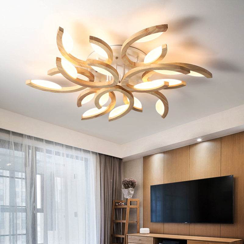 Multi Light Floral LED Ceiling Lamp Modern Fashion Wood Semi Flush Mount Light for Living Room