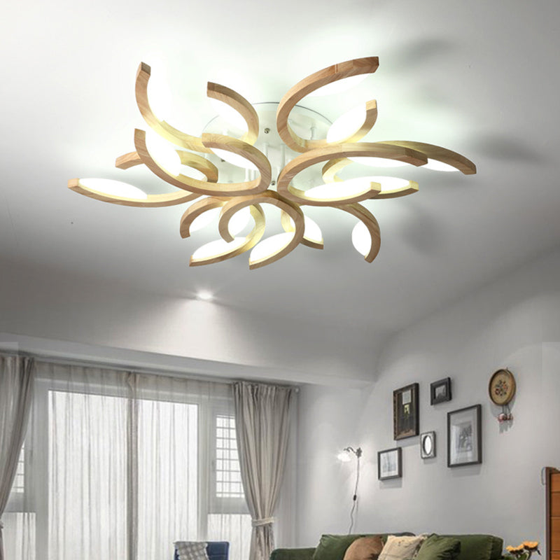 Lámpara de techo de LED floral de múltiples luces de múltiples lámparas de montura de semi rascilla de madera moderna para sala de estar