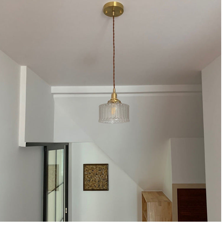 Brass 1 Light Ceiling Light Retro Cylindrical Glass Shade Living Room Small Hanging Lamp