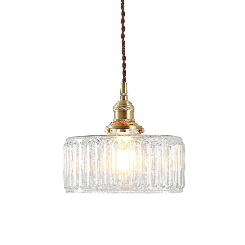 Vintage 1 Light Pendant  Lamp Clear Ribbed Glass Drum Pendant Lighting  for Living Room