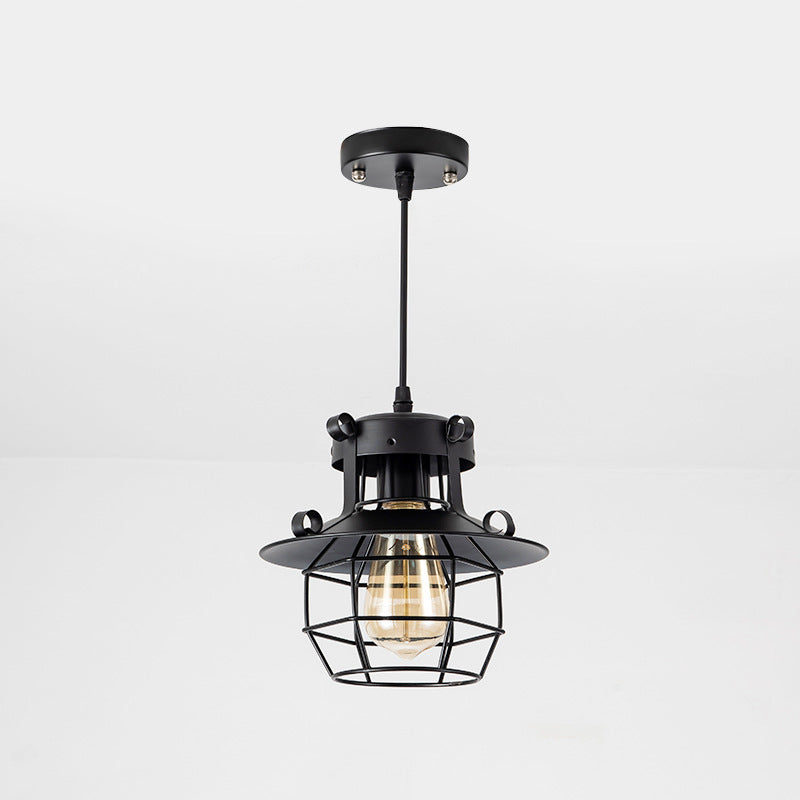 Black Metal 1 Light Pendant Light Indsutrial Retro Wire Cage Hanging Lamp for Restaurant