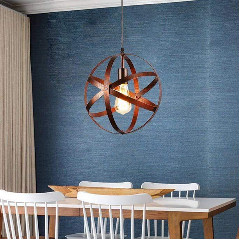 Retro Industrial Single Globe Cage Pendant Light Iron 1 Light Suspension Light  for Dining Table