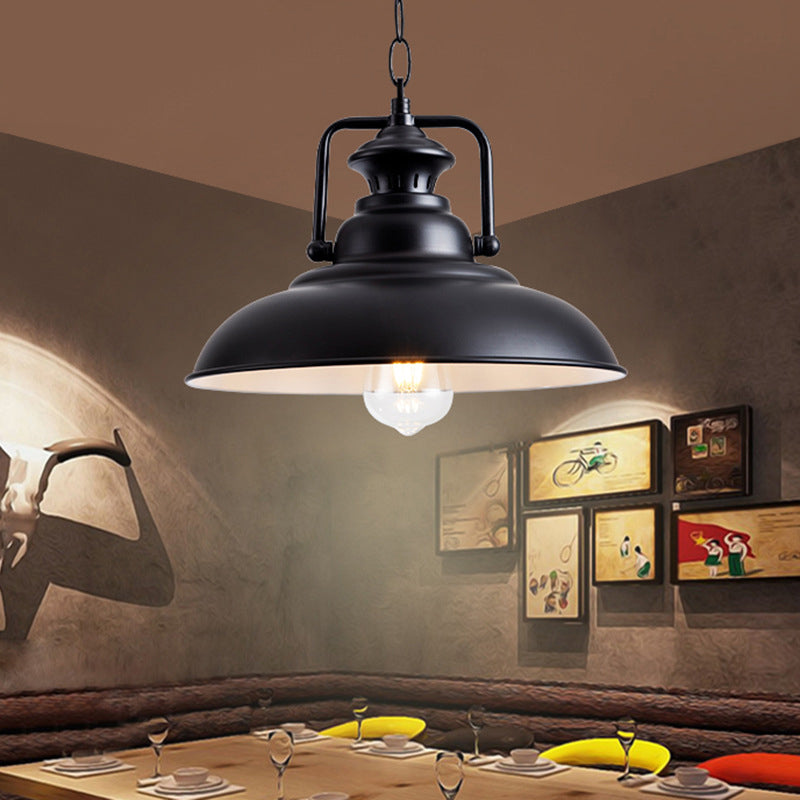 1 Light Pendant Light Industrial Dome Shade Metal Hanging Lamp in Black with Swivel Joint