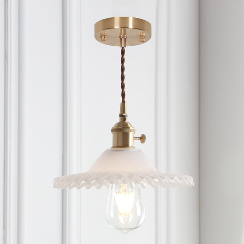 8.66'' Width Brass Pendant Light Industrial Scalloped Glass Shade Mini Hanging Lamp for Coffee Shop