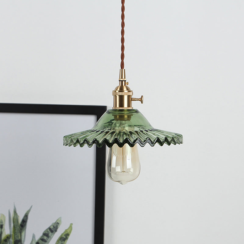 8.66'' Width Brass Pendant Light Industrial Scalloped Glass Shade Mini Hanging Lamp for Coffee Shop