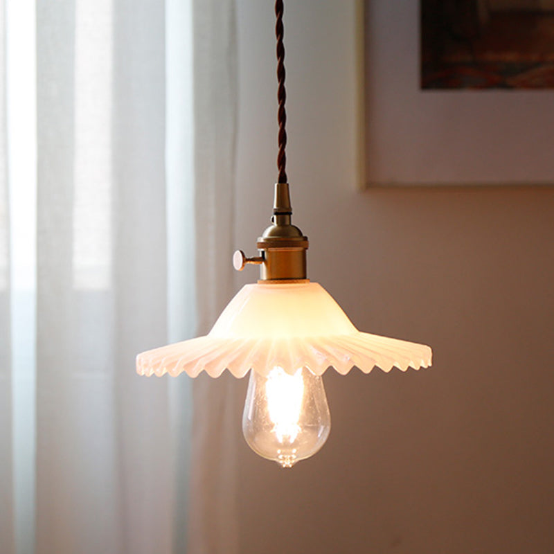 8.66'' Width Brass Pendant Light Industrial Scalloped Glass Shade Mini Hanging Lamp for Coffee Shop