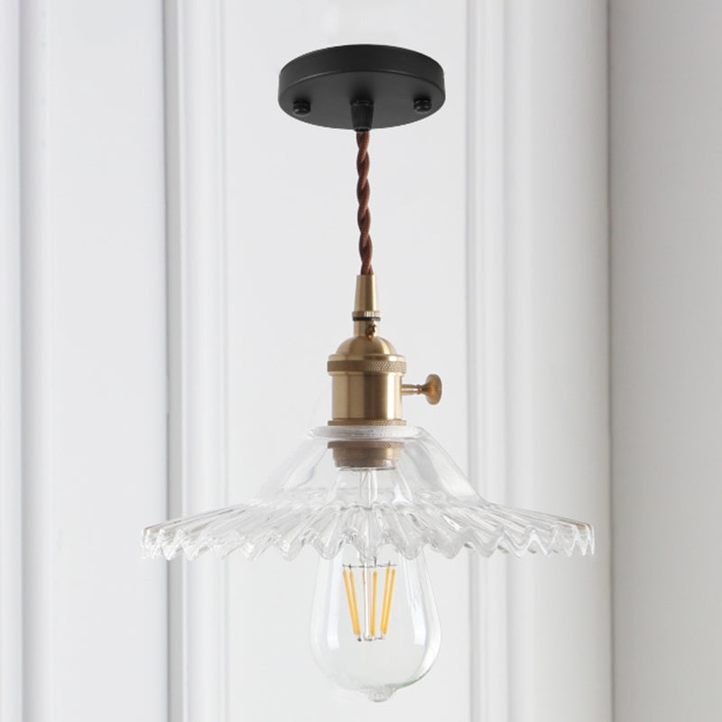 8.66'' Width Brass Pendant Light Industrial Scalloped Glass Shade Mini Hanging Lamp for Coffee Shop