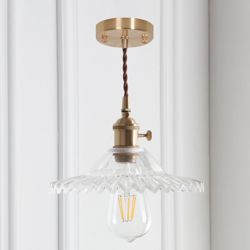 8.66'' Width Brass Pendant Light Industrial Scalloped Glass Shade Mini Hanging Lamp for Coffee Shop