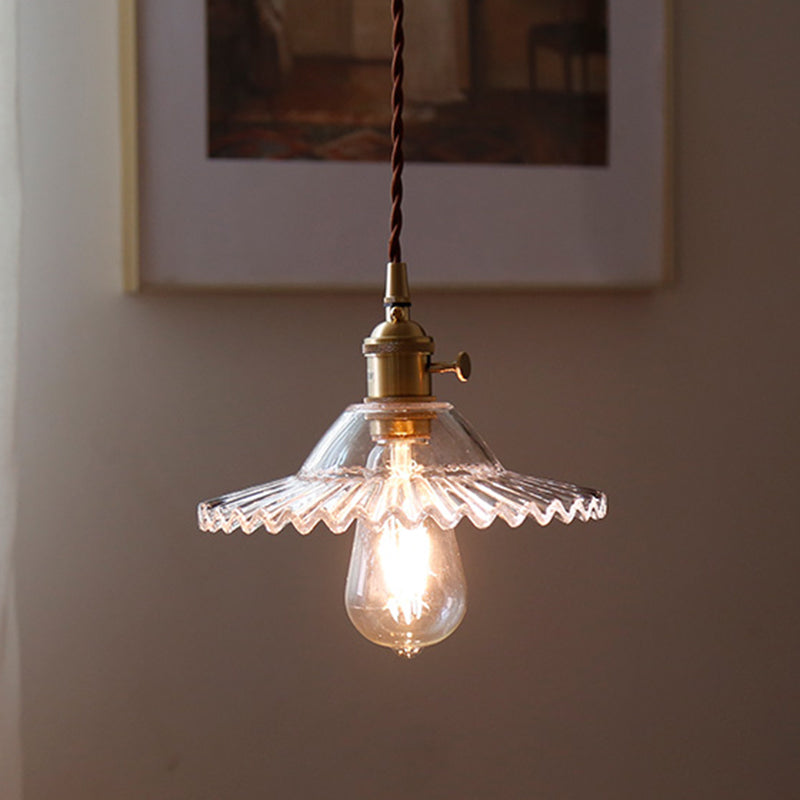 8.66'' Width Brass Pendant Light Industrial Scalloped Glass Shade Mini Hanging Lamp for Coffee Shop