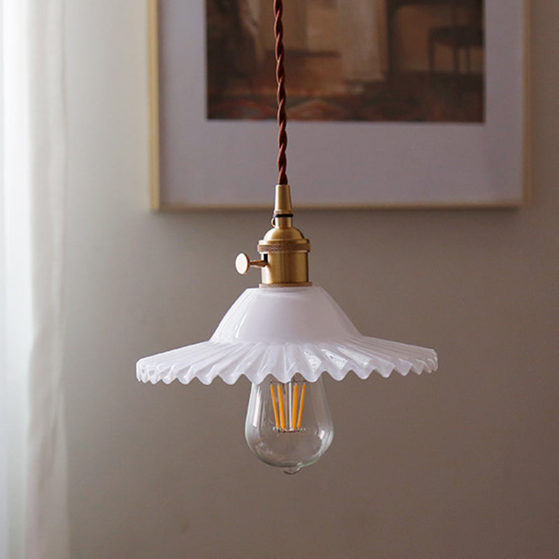 8.66'' Width Brass Pendant Light Industrial Scalloped Glass Shade Mini Hanging Lamp for Coffee Shop