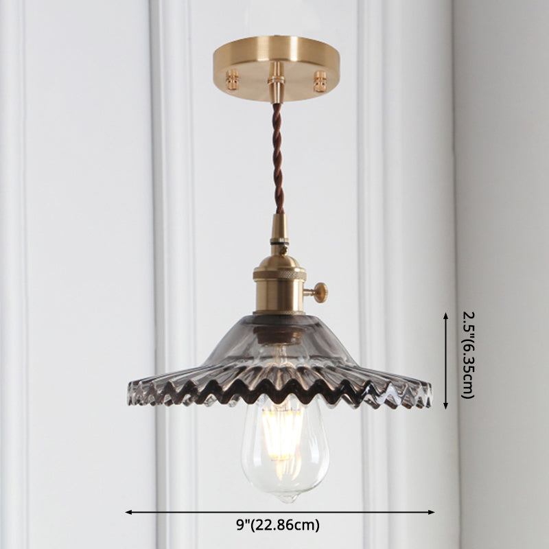 8.66'' Width Brass Pendant Light Industrial Scalloped Glass Shade Mini Hanging Lamp for Coffee Shop