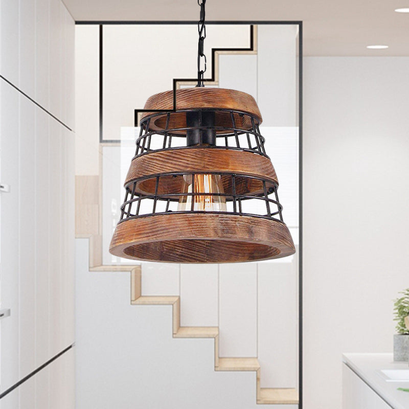 Brown Barrel Pendant Lamp Vintage Wood 1 Light Dining Room Hanging Ceiling Light with Metal Cage