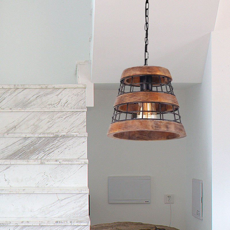 Brown Barrel Pendant Lamp Vintage Wood 1 Light Dining Room Hanging Ceiling Light with Metal Cage