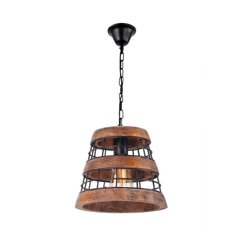 Brown Barrel Pendant Lamp Vintage Wood 1 Light Dining Room Hanging Ceiling Light with Metal Cage