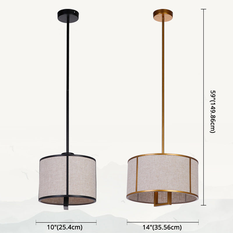 Single Light Fabric Drum Pendant Light Minimalist Living Room Hanging Light with 47" Carbon Steel Hanging Rod