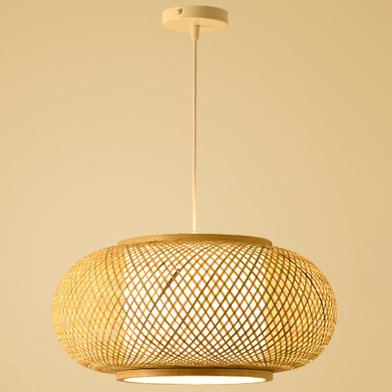 Bamboo & Rattan Weaving Drum Suspended Light Asian Style 1 Light Accent Pendant Lamp in Beige