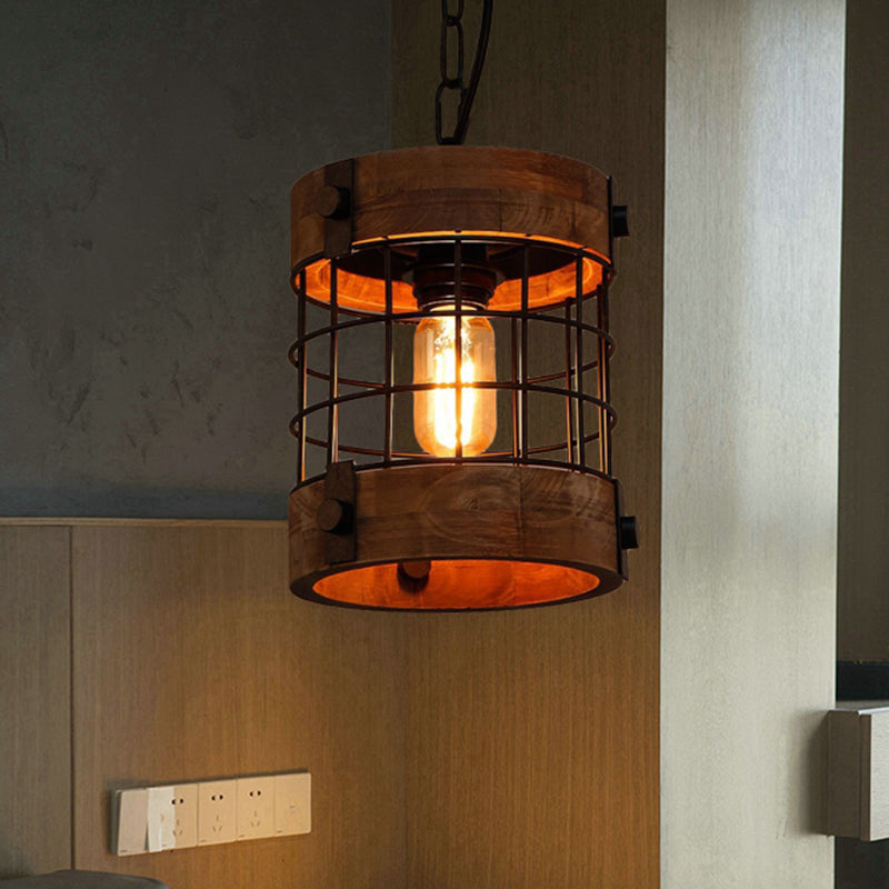 Brown 1 Light Pendant Lamp Traditional Wood Barrel Hanging Ceiling Light for Dining Room with Cage