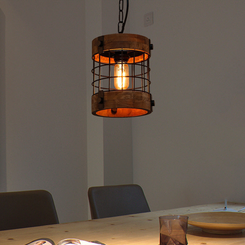 Brown 1 Light Light Lampada a sospensione tradizionale Benna in legno Luce a soffitto per sala da pranzo con gabbia