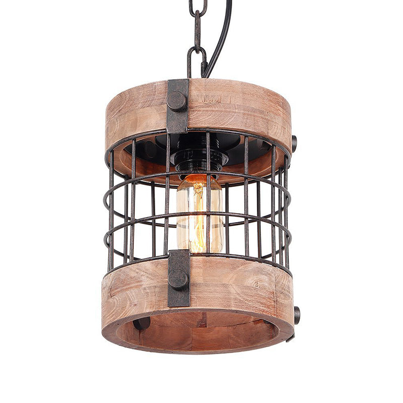 Brown 1 Light Pendant Lamp Traditional Wood Barrel Hanging Ceiling Light for Dining Room with Cage