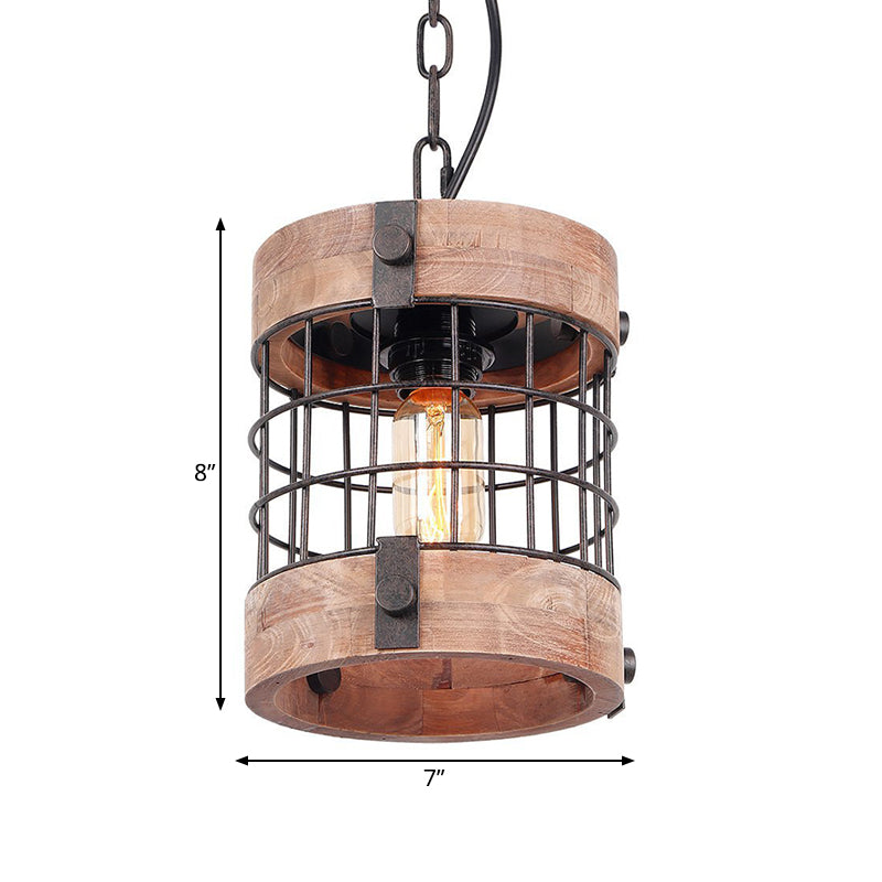 Brown 1 Light Pendant Lamp Traditional Wood Barrel Hanging Ceiling Light for Dining Room with Cage