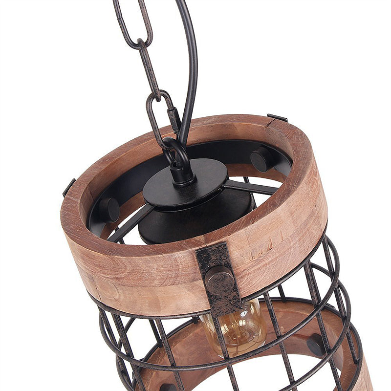 Brown 1 Light Pendant Lamp Traditional Wood Barrel Hanging Ceiling Light for Dining Room with Cage