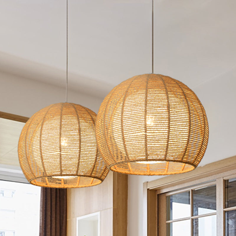 Double Rattan Shade Pendant Lamp Japanese Simplicity Single Light Hanging Ceiling Light in Beige/Coffee