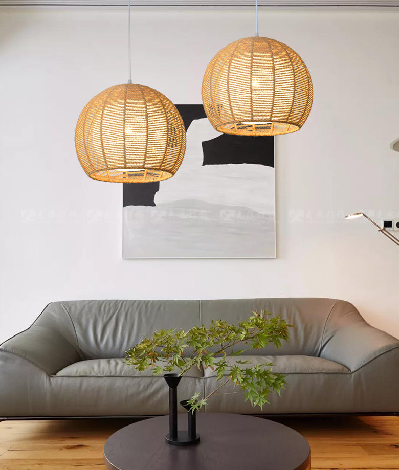 Double Rattan Shade Pendant Lamp Japanese Simplicity Single Light Hanging Ceiling Light in Beige/Coffee