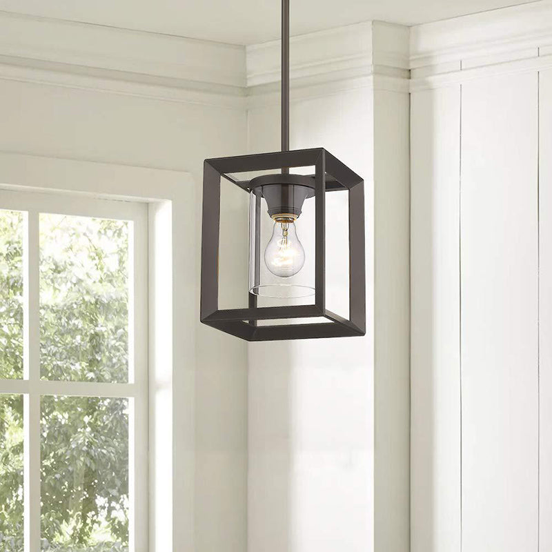 1 Light Suspension Lamp Classic Cylinder Clear Glass Hanging Ceiling Light in Black with Square Frame