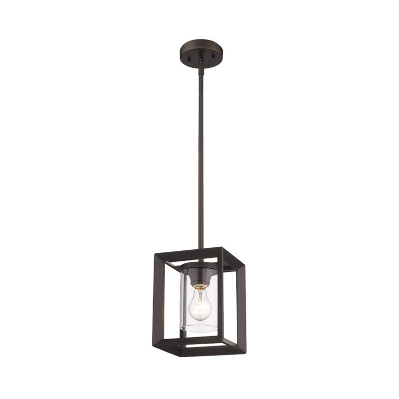 1 Light Suspension Lamp Classic Cylinder Clear Glass Hanging Ceiling Light in Black with Square Frame