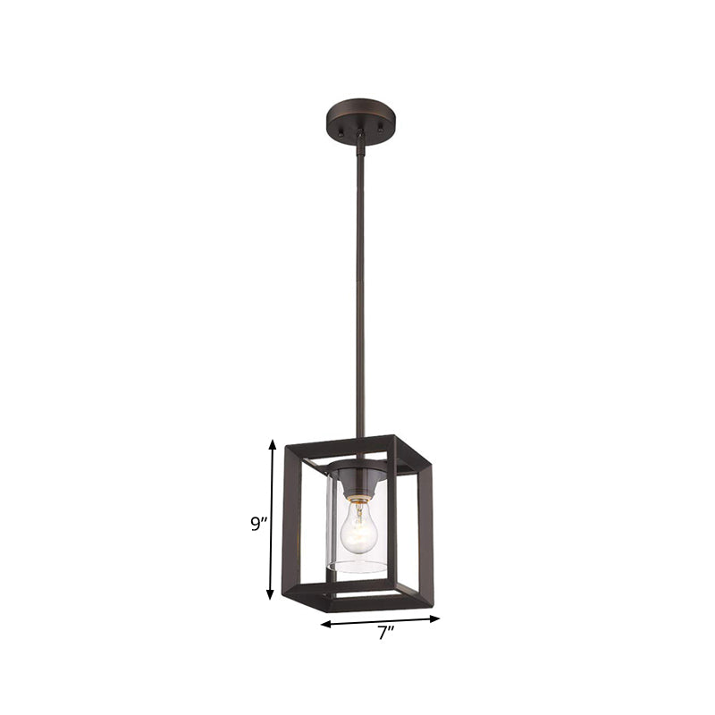 1 Light Suspension Lamp Classic Cylinder Clear Glass Hanging Ceiling Light in Black with Square Frame