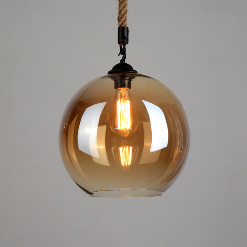 Amber Glass Globe Shade Pendant Light Vintage Industrial Mini Hanging Lamp with 39 Inch Adjustable Hanging Hemp Rope