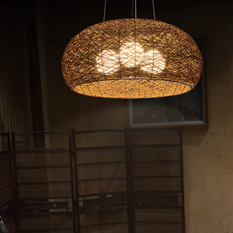 3-lights Rattan Pendant Lights Restaurant Hand Weaving Suspended Lamp in Beige with 47" Hanging Cord