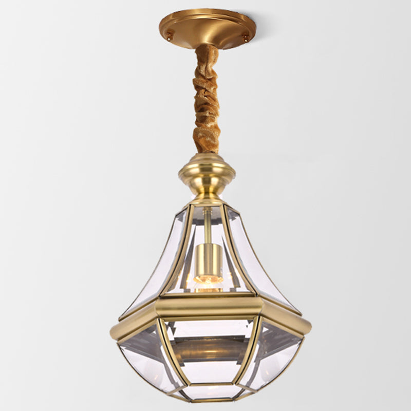 Brass in ottone coloniale Ampiccamento di vetro leggero tonalità singola lampadina a sospensione decorativa Apparecchiatura per la camera da letto