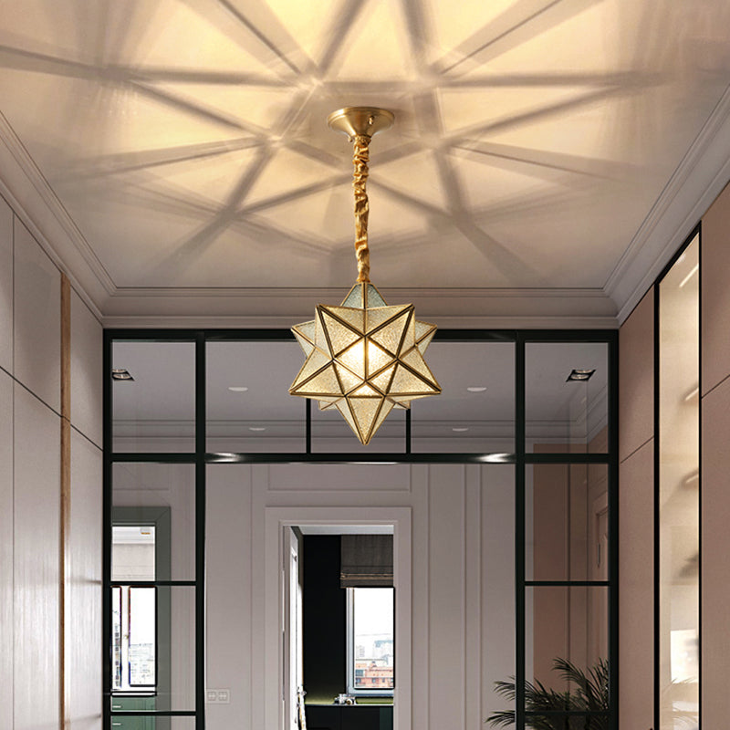 Vintage Brass Hanging Light Star Shade 1 Light Glass Pendant Lamp with Adjustable Chain for Hallway