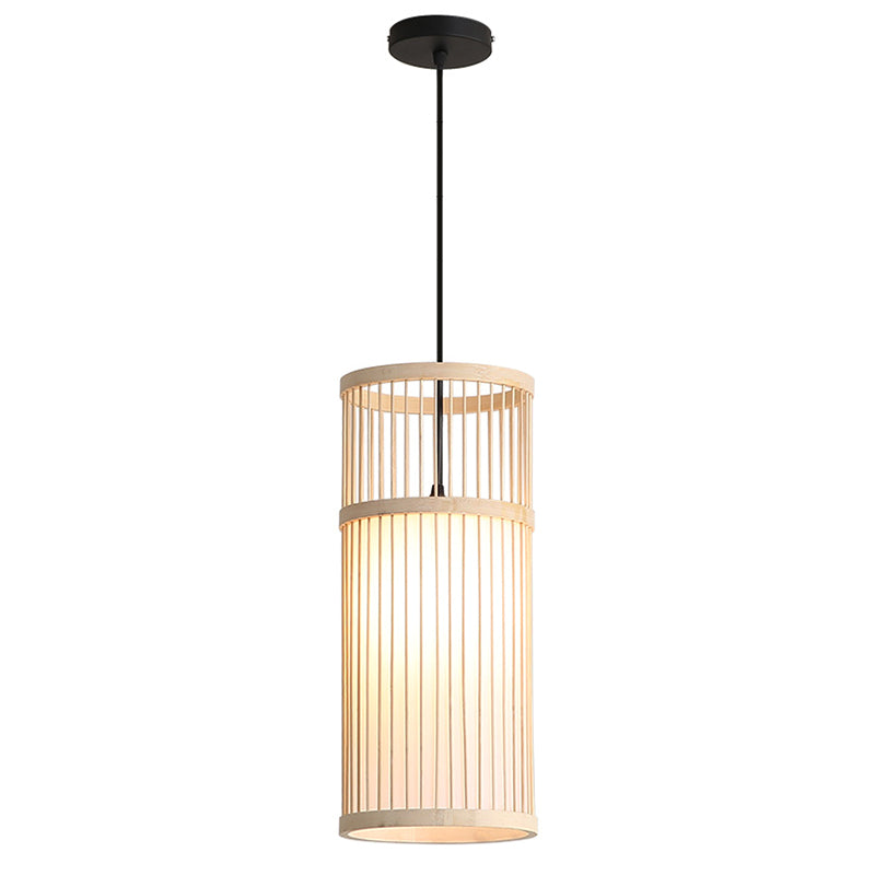 Wood Cage Hanging Light Chinese Style 1 Bulb Bamboo Weaving Lighting Fixture for Restaurant