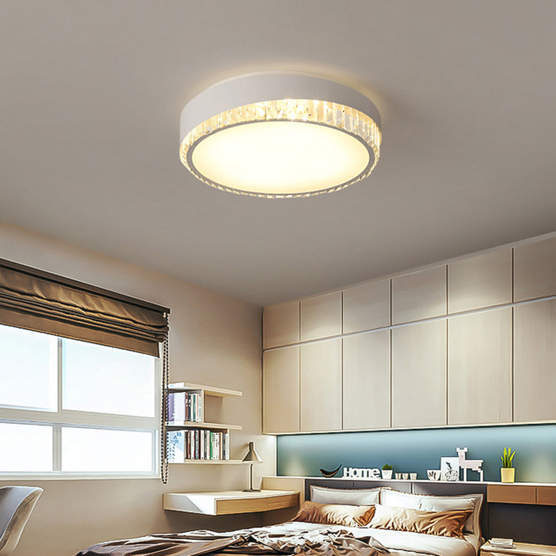 LED 16.5"/20.5" W Flush Ceiling Lamp Simple Round Crystal Flush Mount Lighting in White for Bedroom, Warm/White/3 Color Light