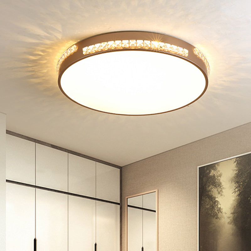 18 "/21.5" W LED Bedroom Soffitto Light Fixture Simple Gold Flush Mount con Drum Crystal Shade in Warm/3 Color Light