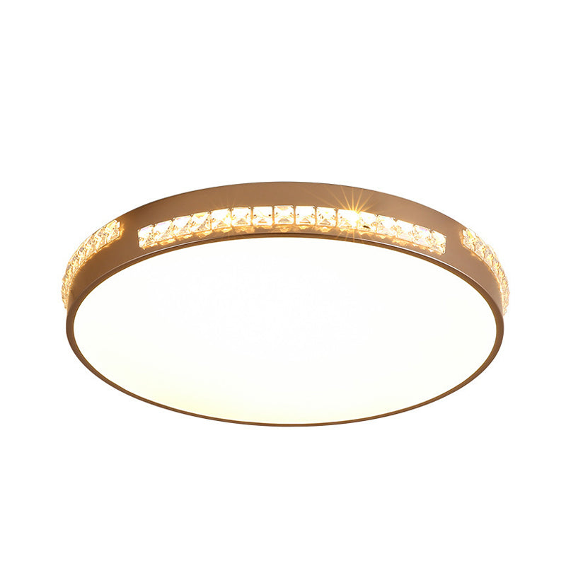 18 "/21.5" W LED Bedroom Soffitto Light Fixture Simple Gold Flush Mount con Drum Crystal Shade in Warm/3 Color Light