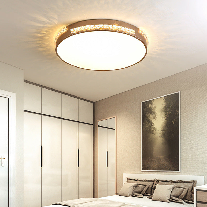 18 "/21.5" W LED Bedroom Soffitto Light Fixture Simple Gold Flush Mount con Drum Crystal Shade in Warm/3 Color Light