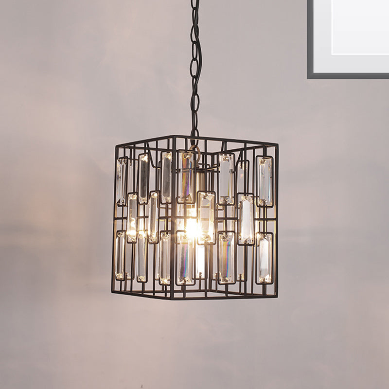 8"/10"/12.5" W Black Cuboid Pendant Lamp Traditional 1 Bulb Metallic Ceiling Pendant Light with Crystal Icicle