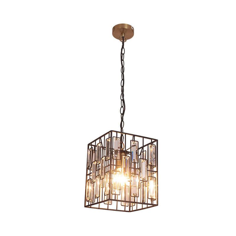 8"/10"/12.5" W Black Cuboid Pendant Lamp Traditional 1 Bulb Metallic Ceiling Pendant Light with Crystal Icicle