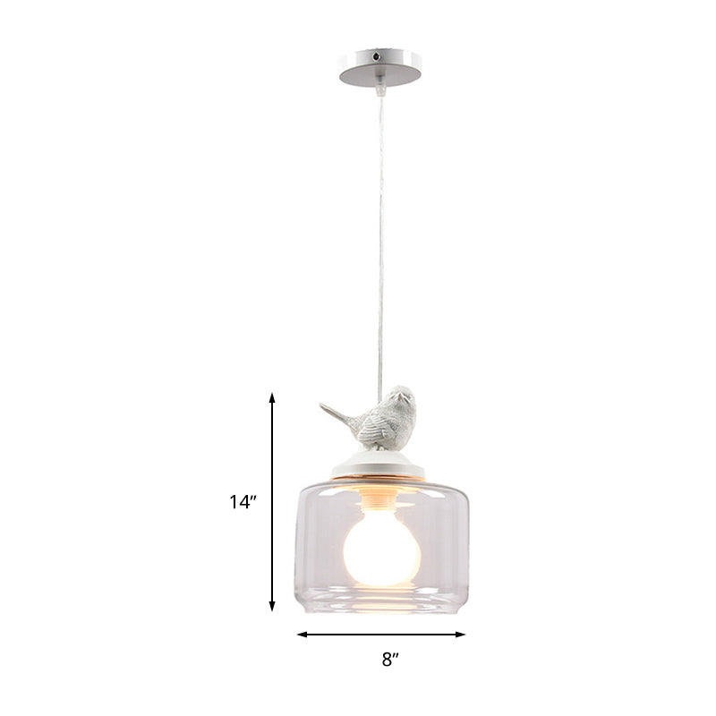 Drum Pendant Light Fixture Contemporary Clear Glass 1 Head Restaurant Hanging Lamp with Bird Decoration