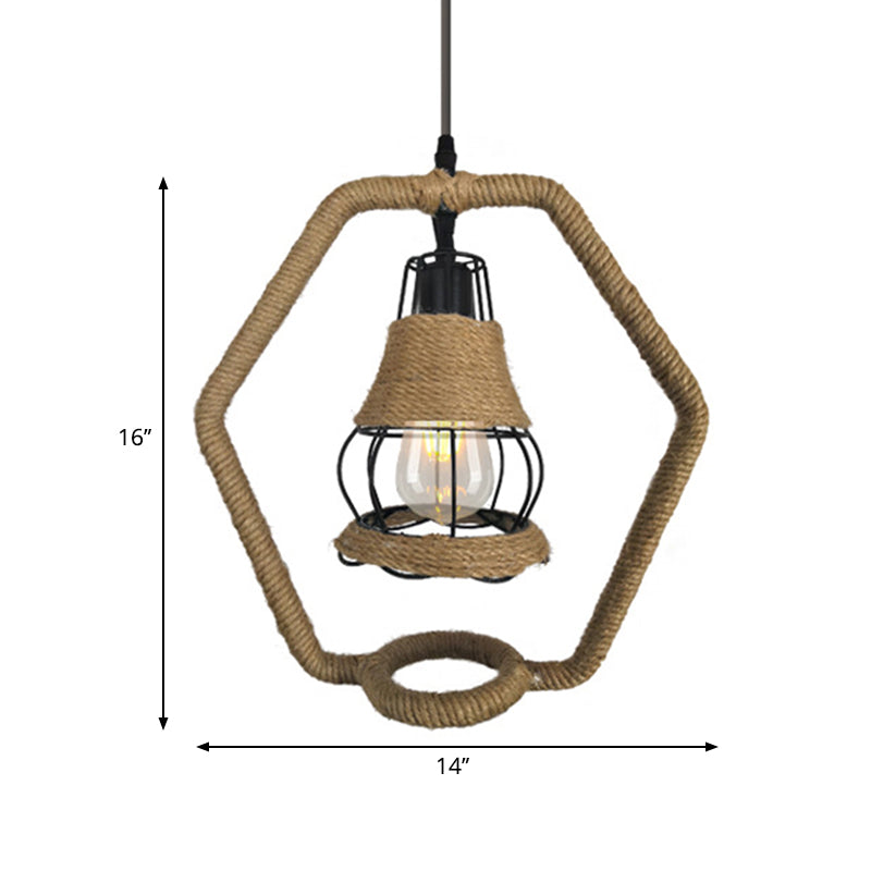 Black Wire Cage Hanging Lighting Country Style 1 Head Metal and Rope Ceiling Lamp with Hexagon Shape