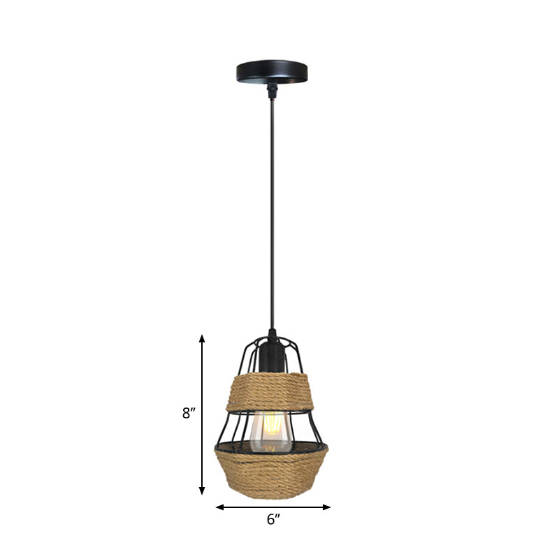 Black Wire Guard Suspension Light Lodge Style 1 Bulb Metal and Rope Pendant Ceiling Light for Living Room