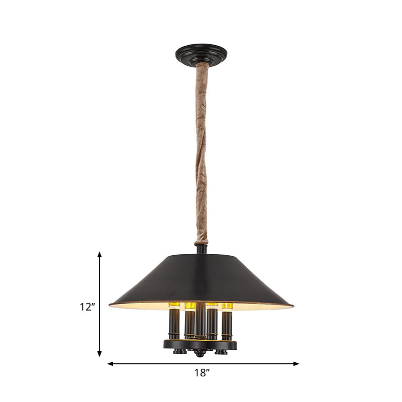 Black Cone Shade Hanging Chandelier Lamp Vintage 4 Lights Metal Pendant Lamp for Dining Room